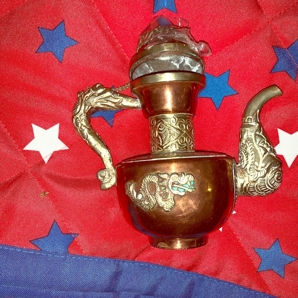 Vintage Asian Dragon Brass and silver tone teapot